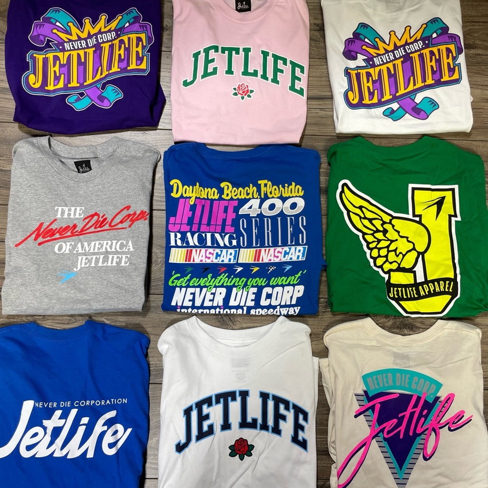 JETLIFE - "CURRENCY" SAMPLE MEN'S T-SHIRTS (ALL SIZE LARGE) NEW W/DEFECTS